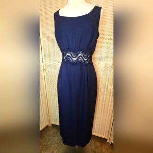 Vintage Very Dark Navy Blue Lace Cutout Waist, sleeveless Classic Midi Dress